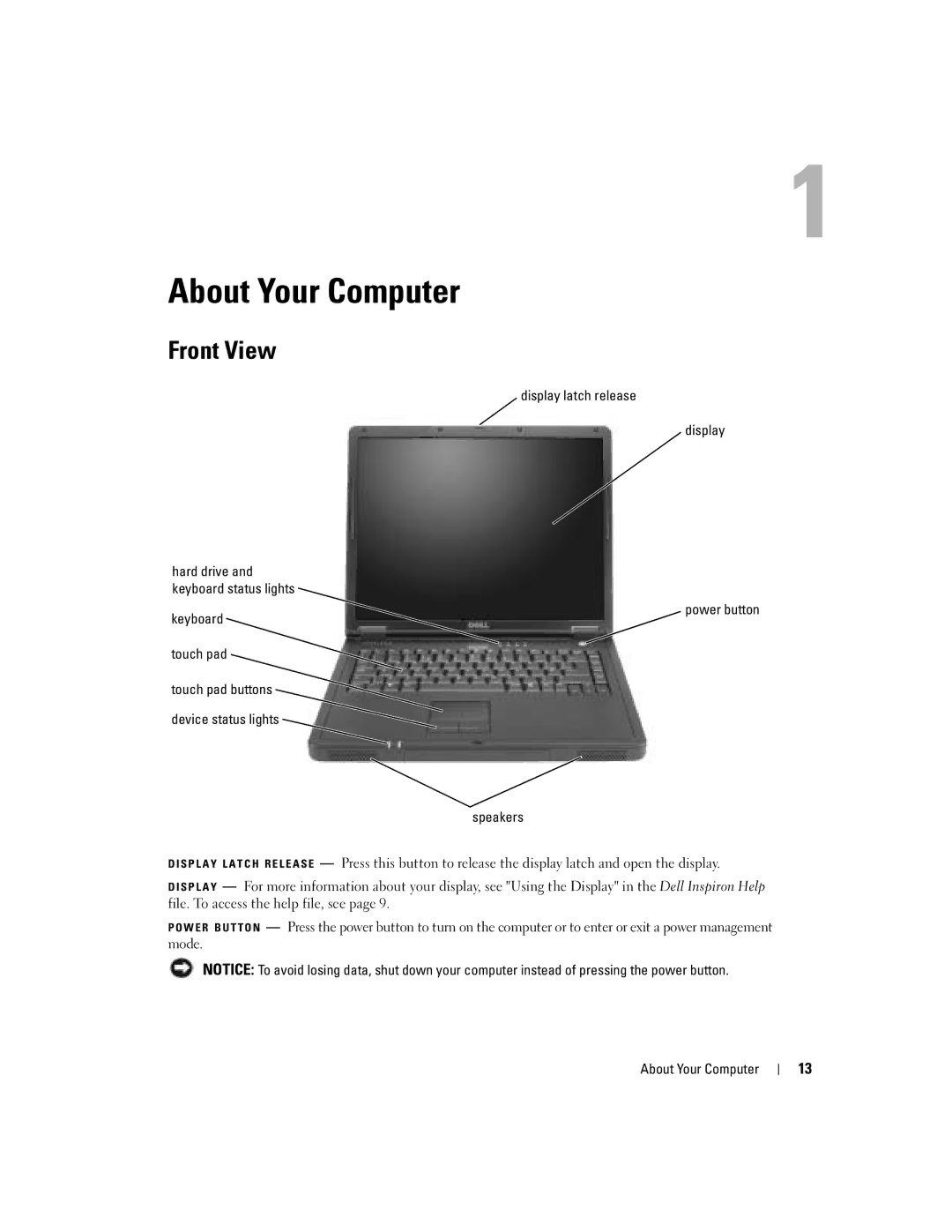 Dell 1000 owner manual About Your Computer, Front View, Display latch release 