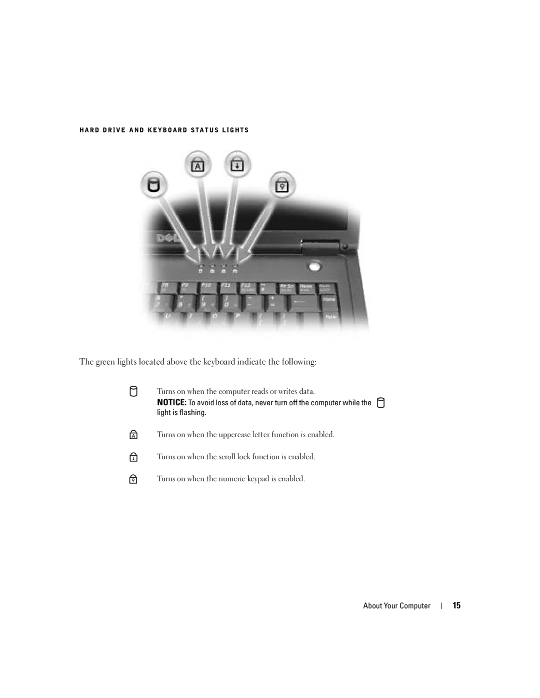 Dell 1000 owner manual Hard Drive and Keyboard Status Lights 