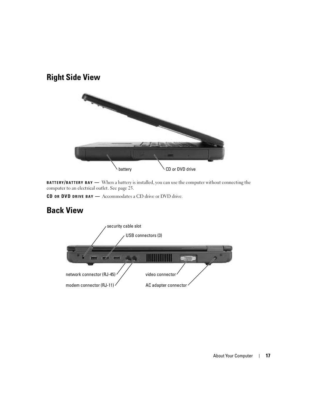 Dell 1000 owner manual Right Side View, Back View, Battery 