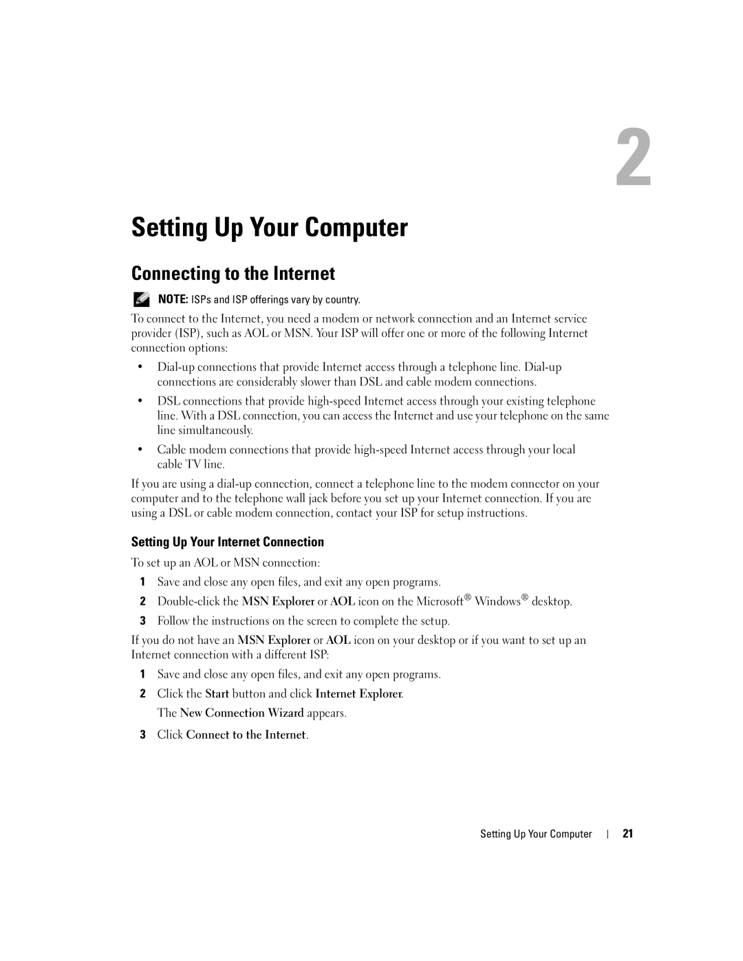 Dell 1000 owner manual Setting Up Your Computer, Connecting to the Internet, Setting Up Your Internet Connection 