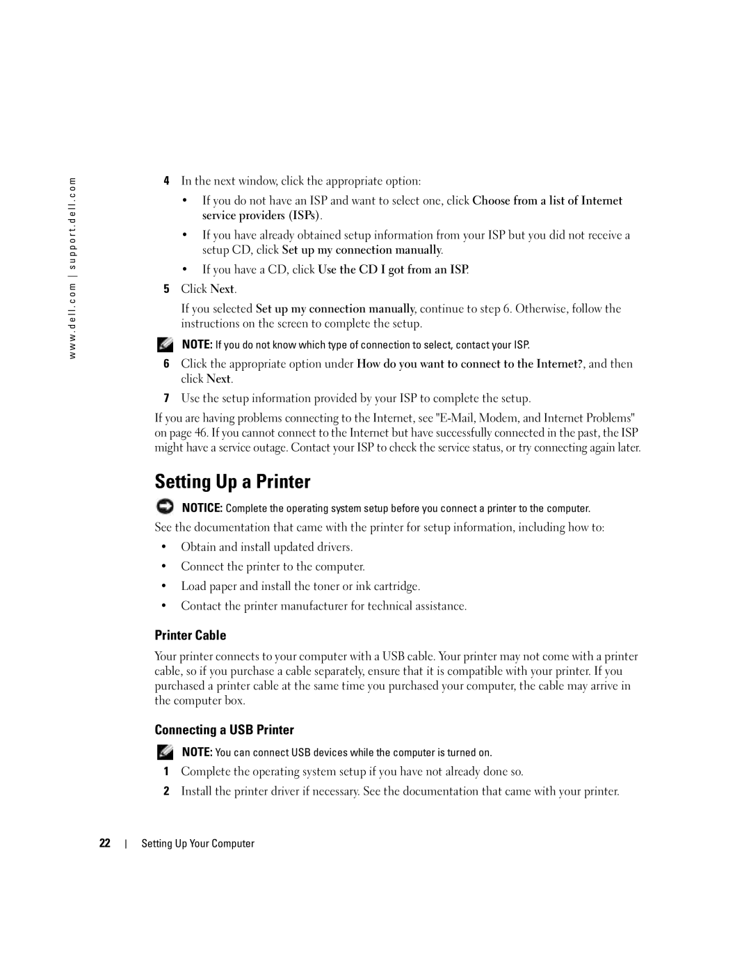 Dell 1000 owner manual Setting Up a Printer, Printer Cable, Connecting a USB Printer 