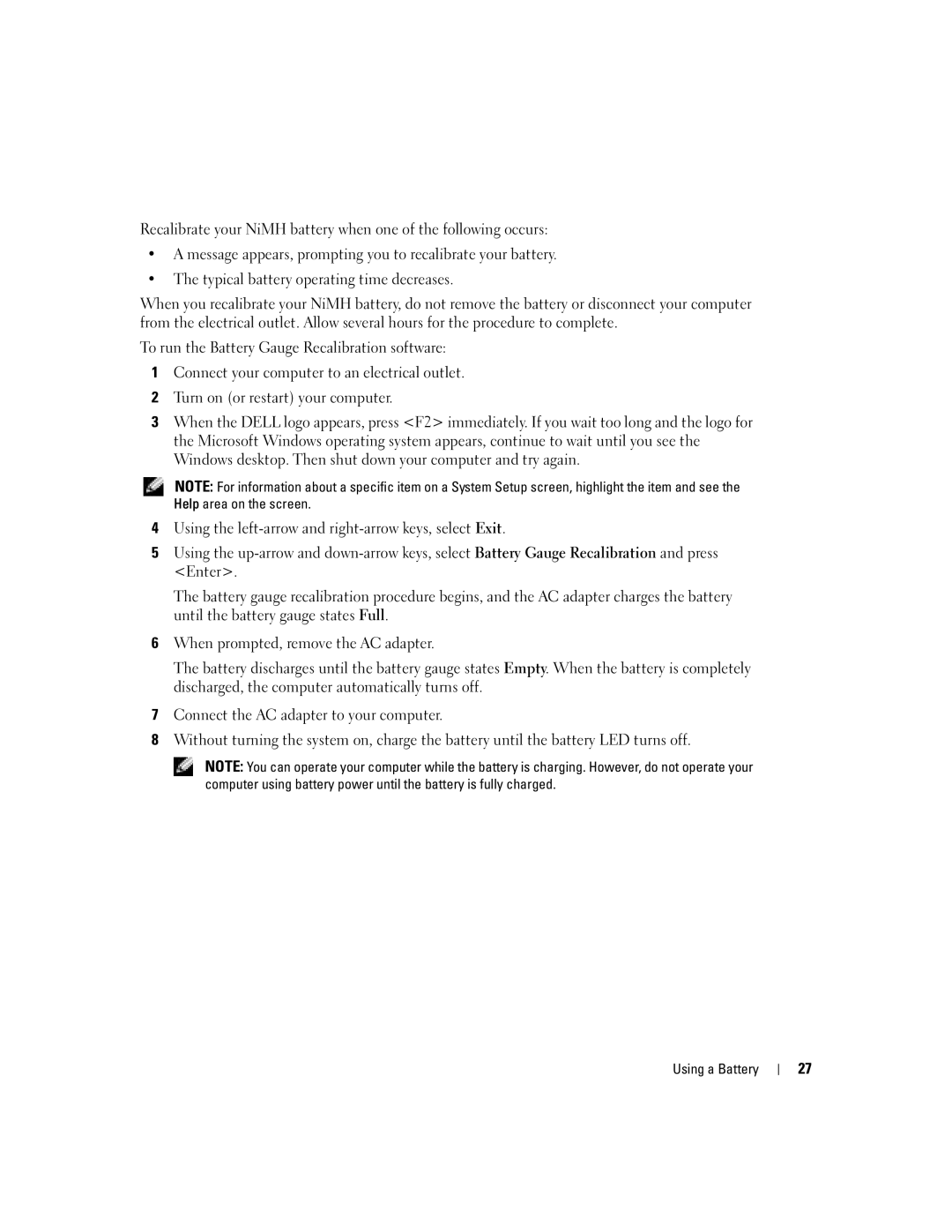 Dell 1000 owner manual Using a Battery 