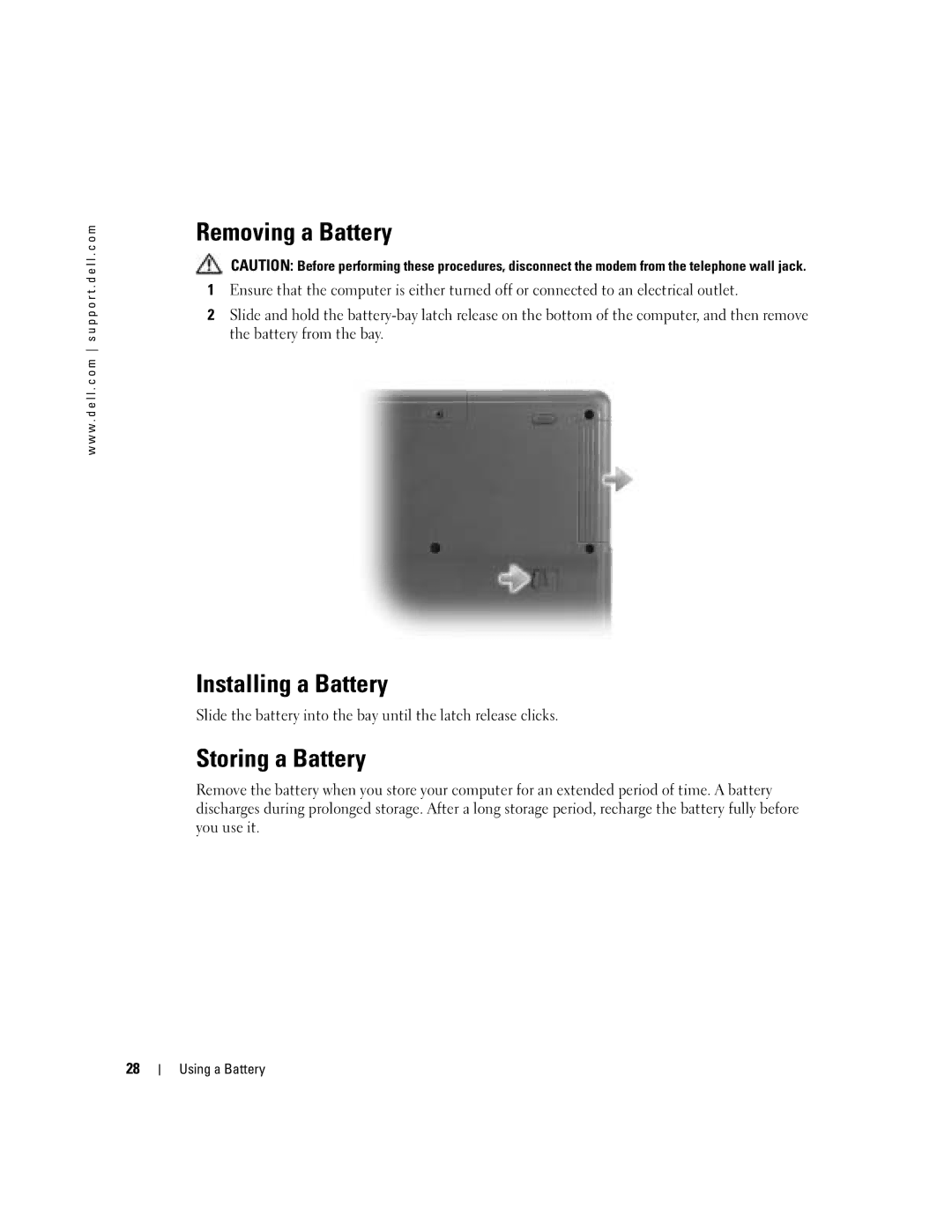 Dell 1000 owner manual Removing a Battery, Installing a Battery, Storing a Battery 