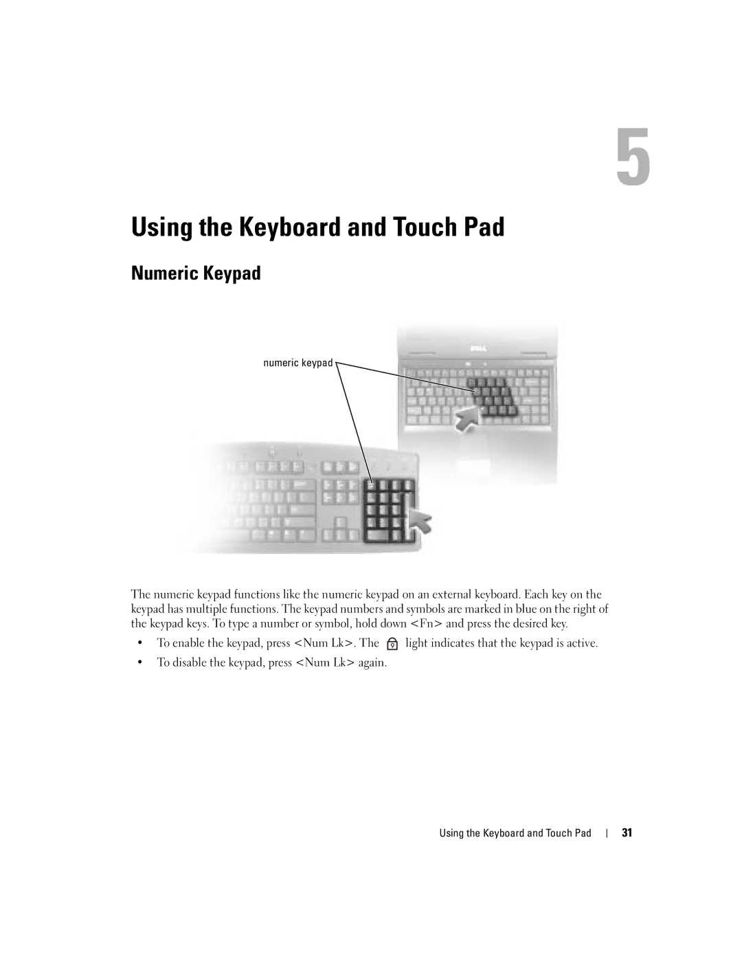 Dell 1000 owner manual Using the Keyboard and Touch Pad, Numeric Keypad, Numeric keypad 