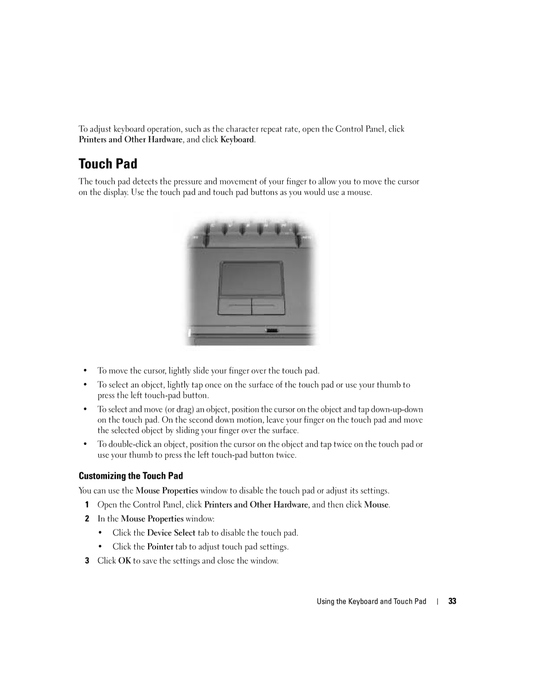 Dell 1000 owner manual Customizing the Touch Pad 