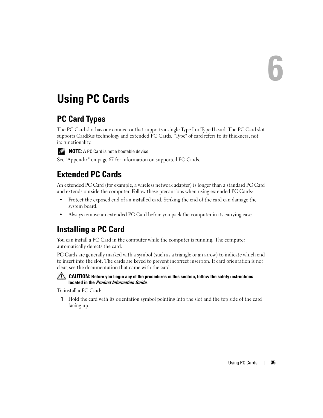 Dell 1000 owner manual Using PC Cards, PC Card Types, Extended PC Cards, Installing a PC Card 