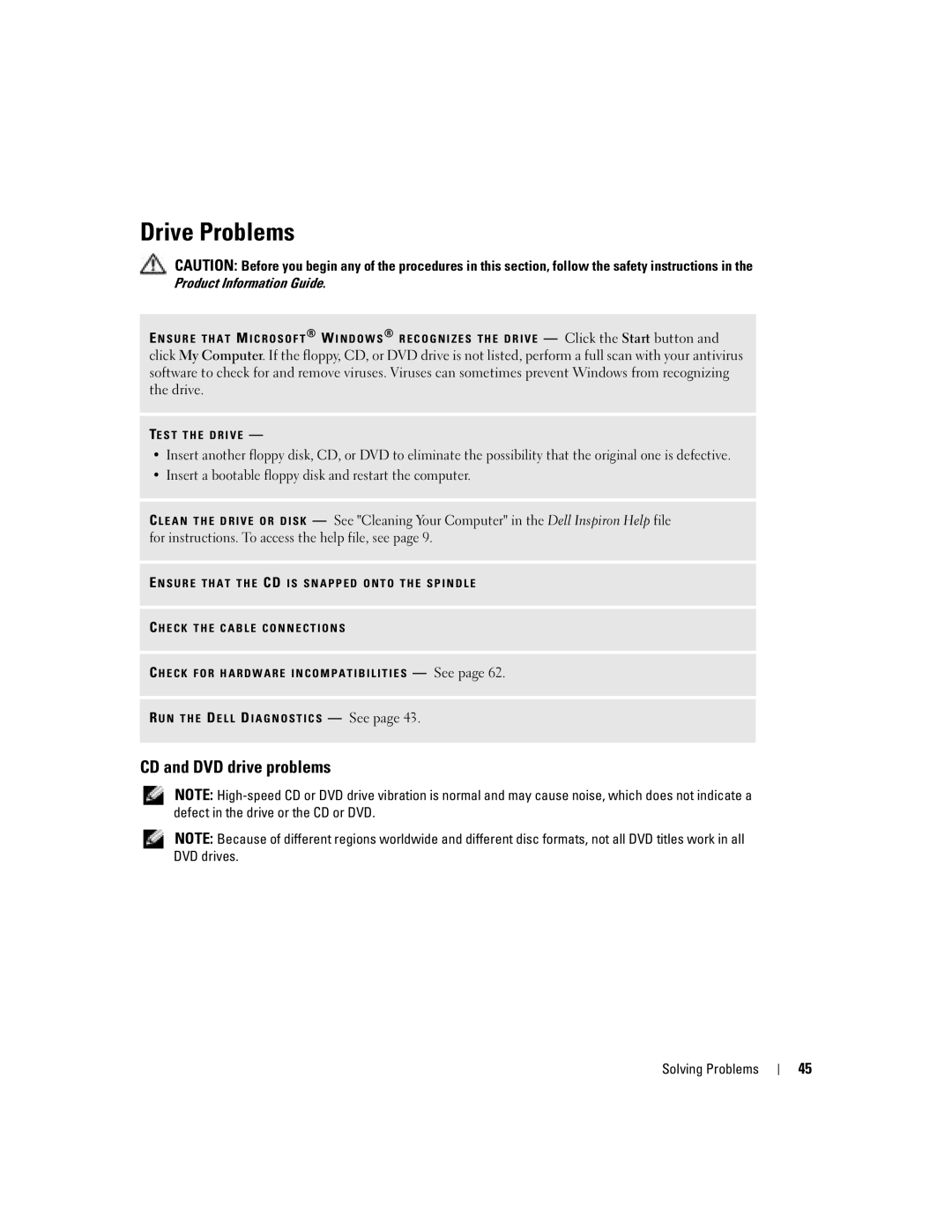 Dell 1000 owner manual Drive Problems, CD and DVD drive problems 