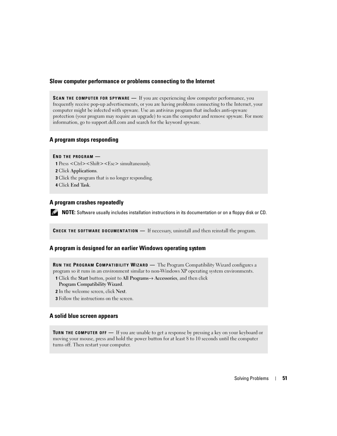 Dell 1000 owner manual Program crashes repeatedly, Program is designed for an earlier Windows operating system 