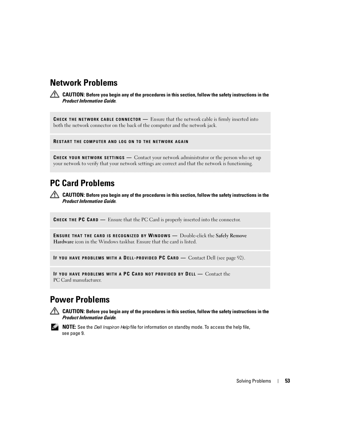 Dell 1000 owner manual Network Problems, PC Card Problems, Power Problems 