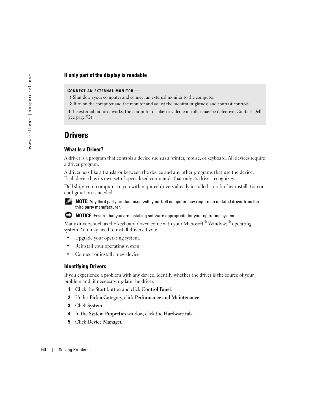 Dell 1000 owner manual If only part of the display is readable, What Is a Driver?, Identifying Drivers 