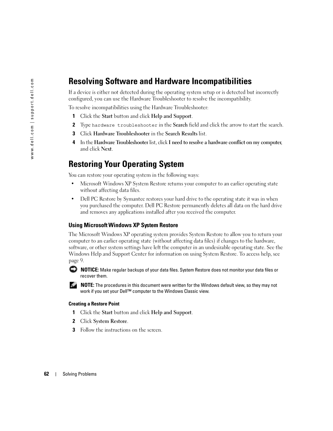 Dell 1000 Resolving Software and Hardware Incompatibilities, Restoring Your Operating System, Creating a Restore Point 