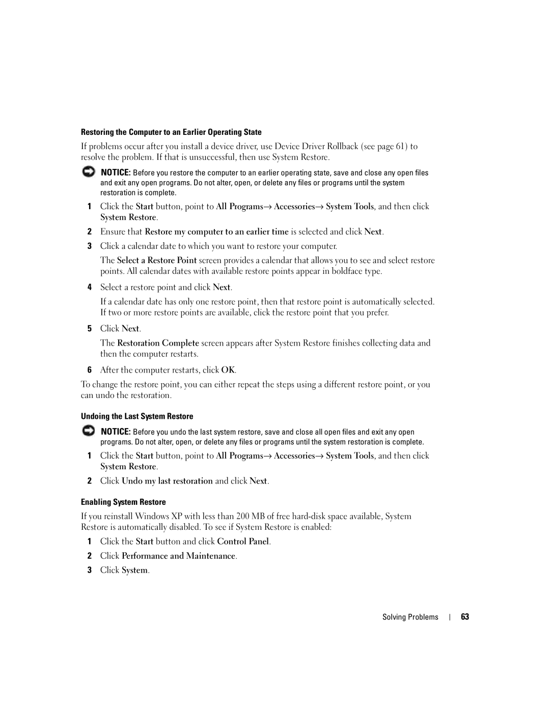 Dell 1000 Restoring the Computer to an Earlier Operating State, Undoing the Last System Restore, Enabling System Restore 