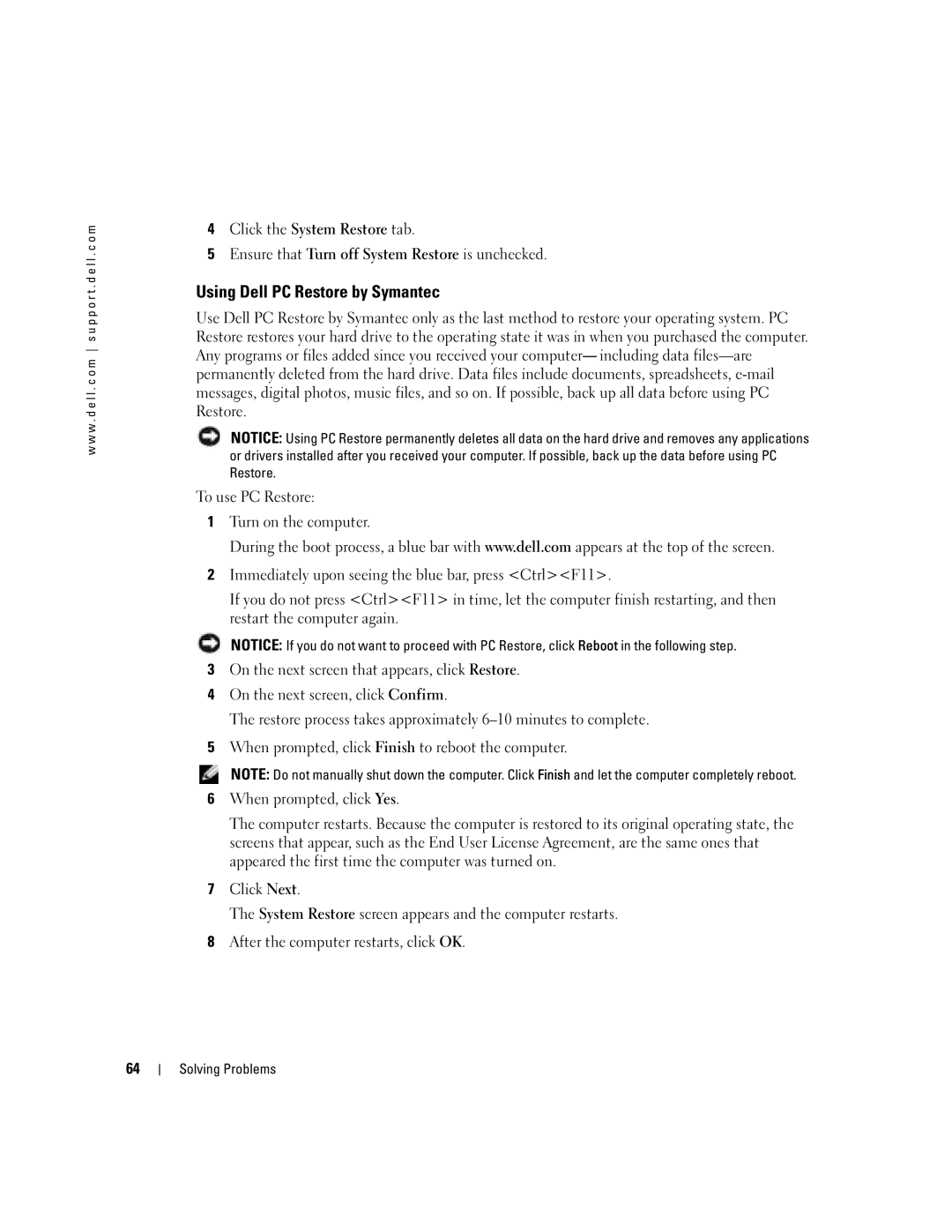 Dell 1000 owner manual Using Dell PC Restore by Symantec 