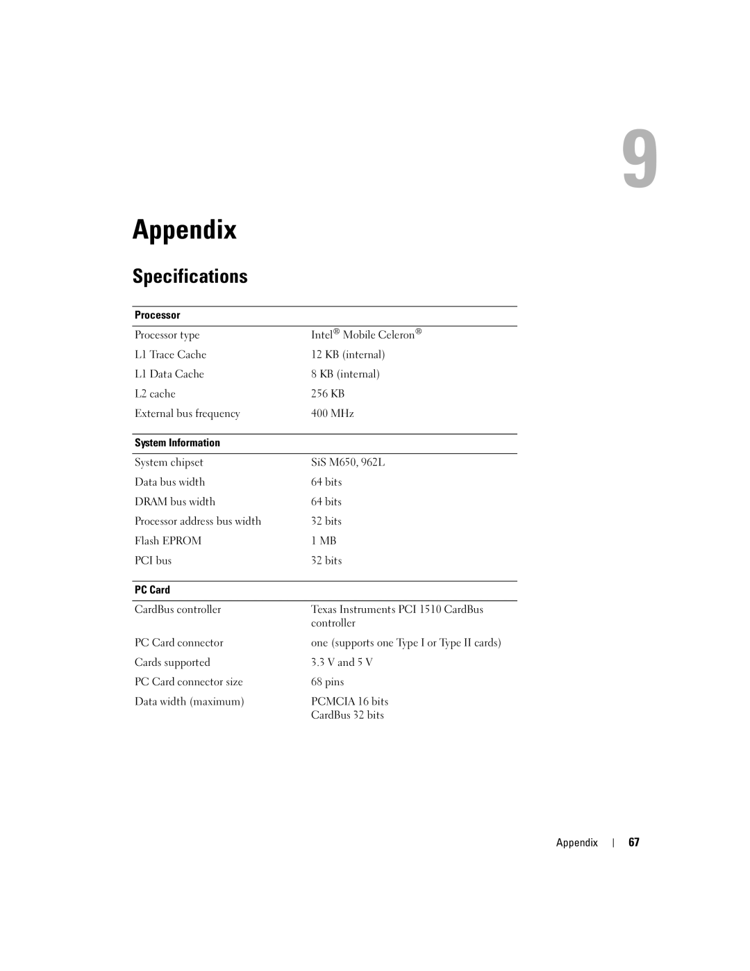 Dell 1000 owner manual Appendix, Specifications, Processor, System Information 