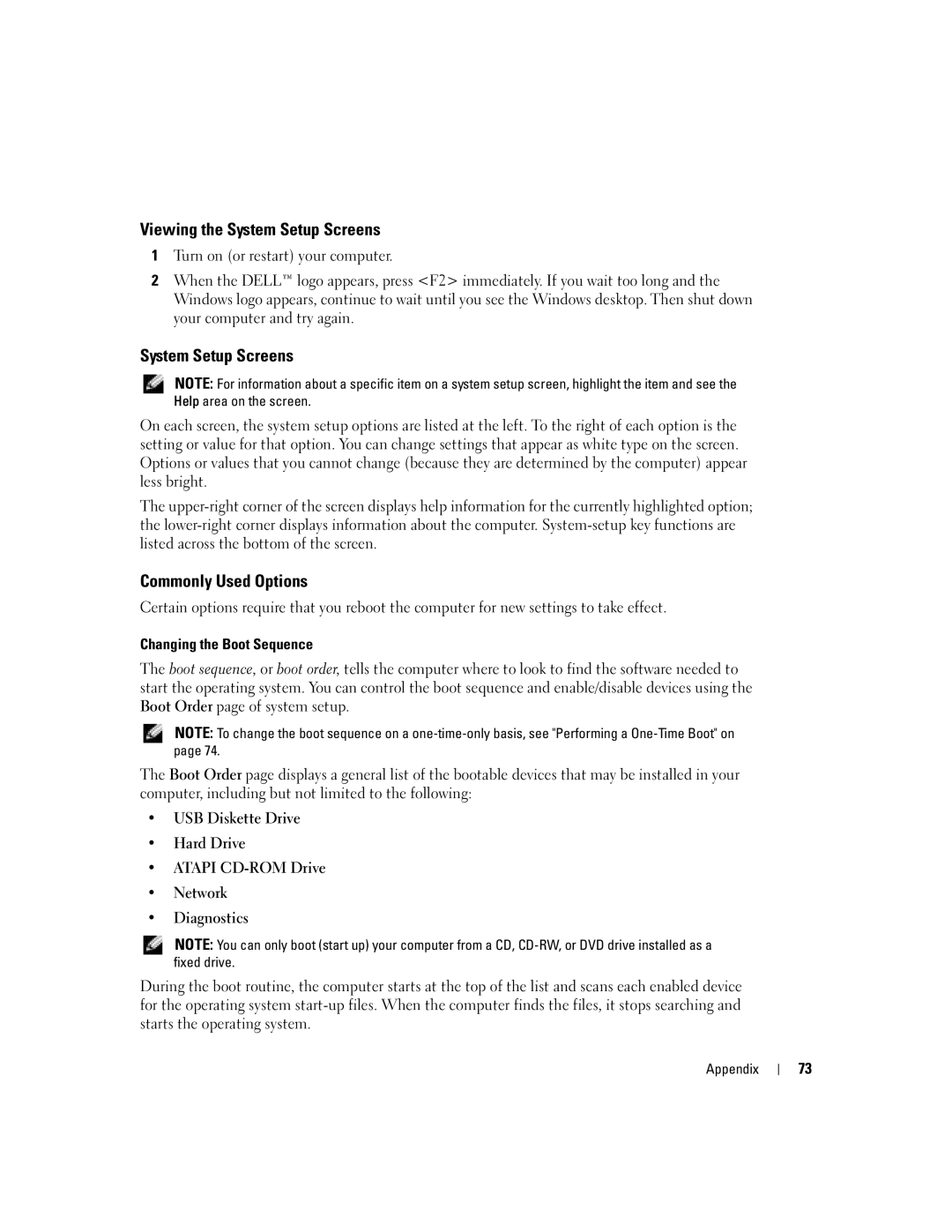 Dell 1000 owner manual Viewing the System Setup Screens, Commonly Used Options, Changing the Boot Sequence 