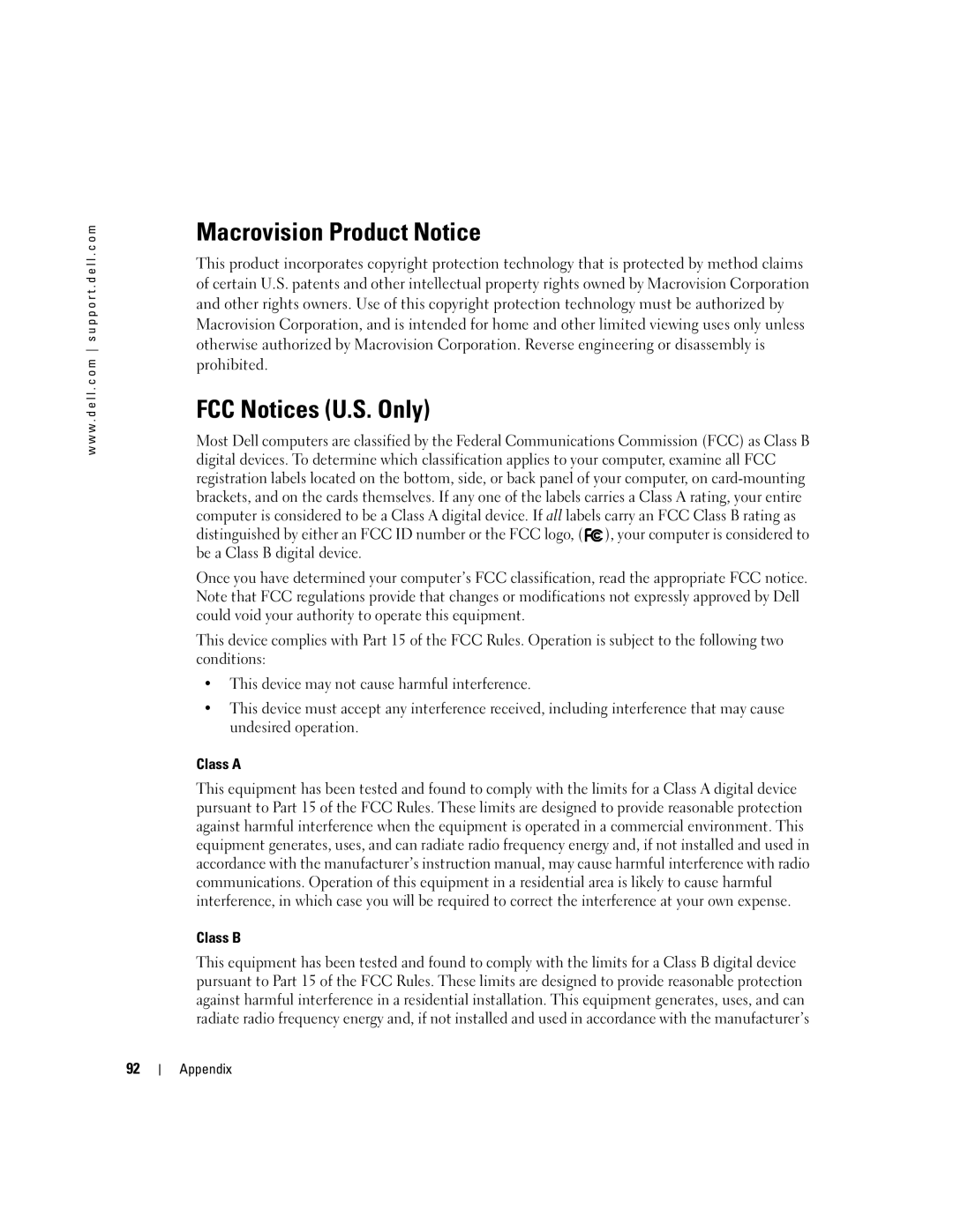 Dell 1000 owner manual Macrovision Product Notice, FCC Notices U.S. Only, Class a Class B 