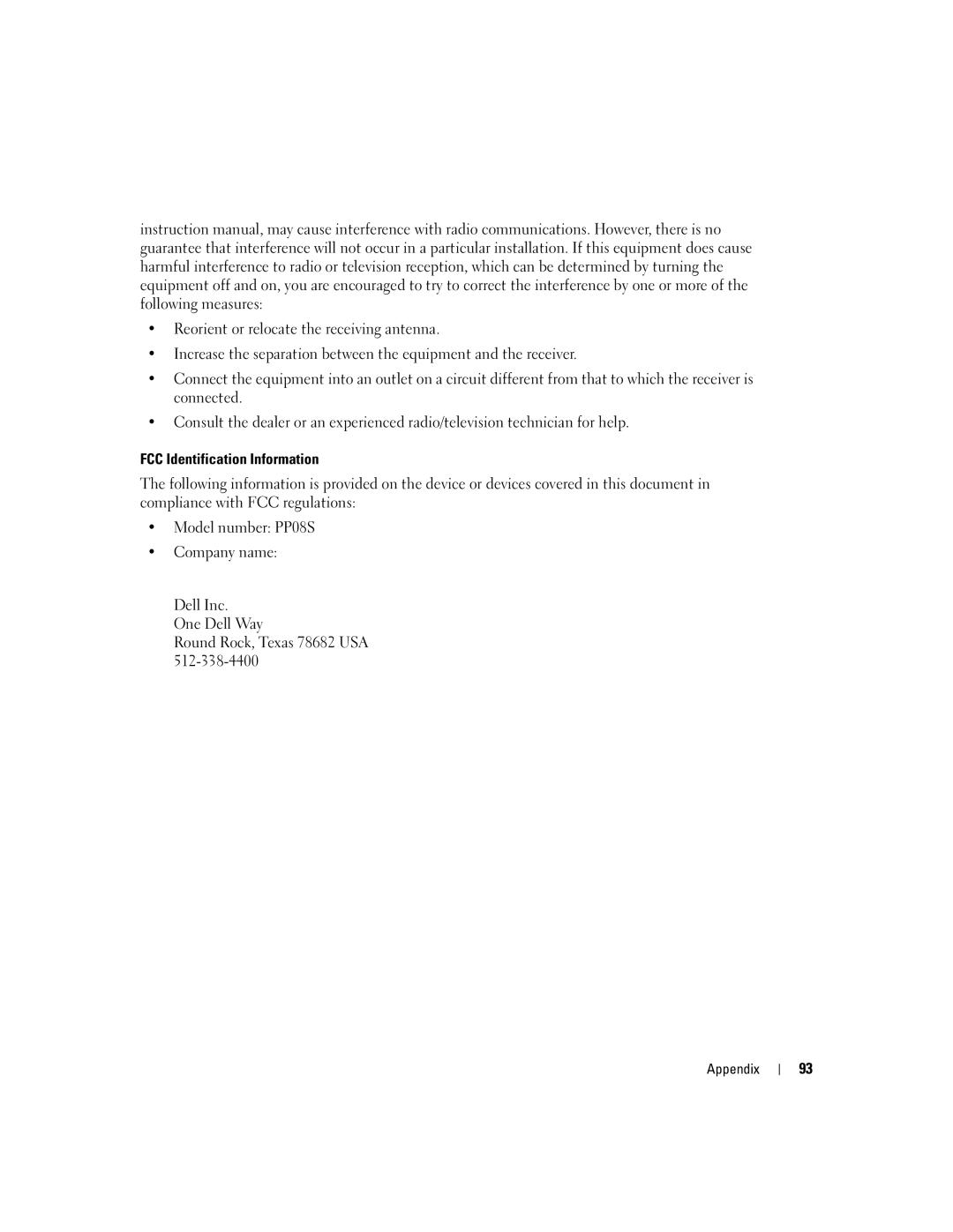 Dell 1000 owner manual FCC Identification Information 