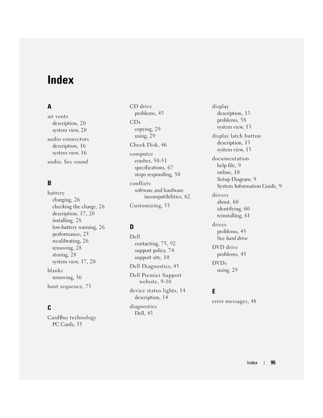 Dell 1000 owner manual Index, See hard drive 