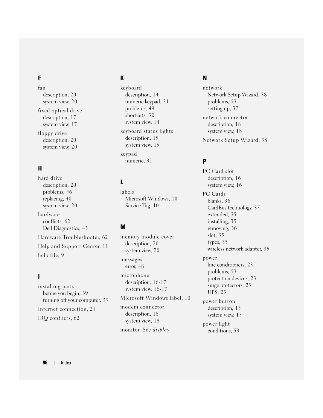 Dell 1000 owner manual Index 