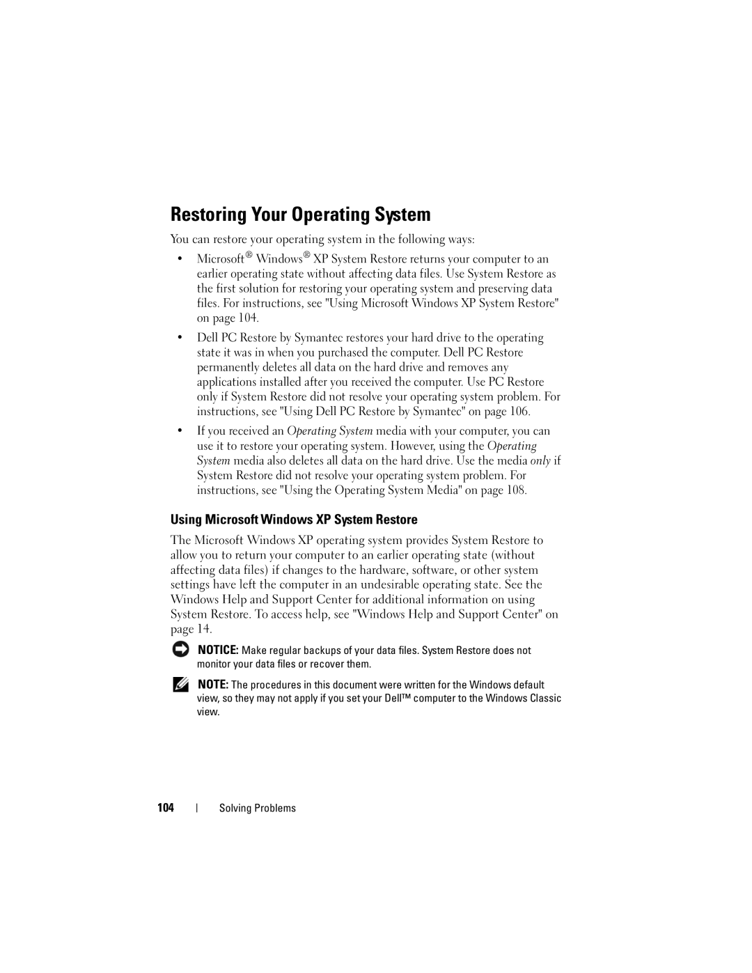 Dell 1000 owner manual Restoring Your Operating System, Using Microsoft Windows XP System Restore, 104 