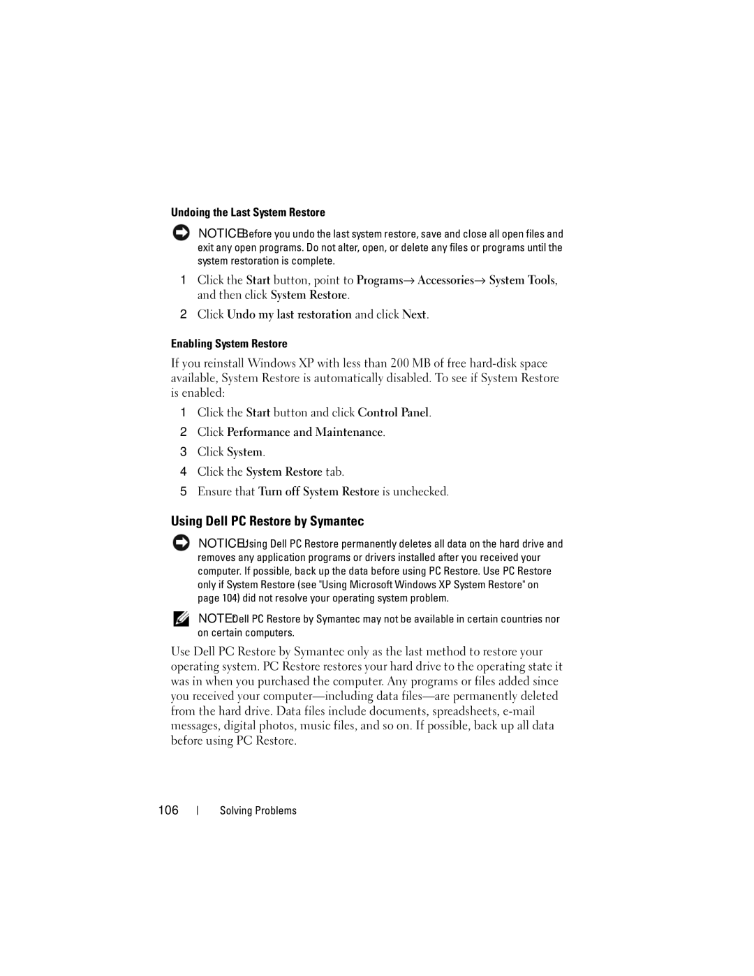 Dell 1000 owner manual Using Dell PC Restore by Symantec, 106 