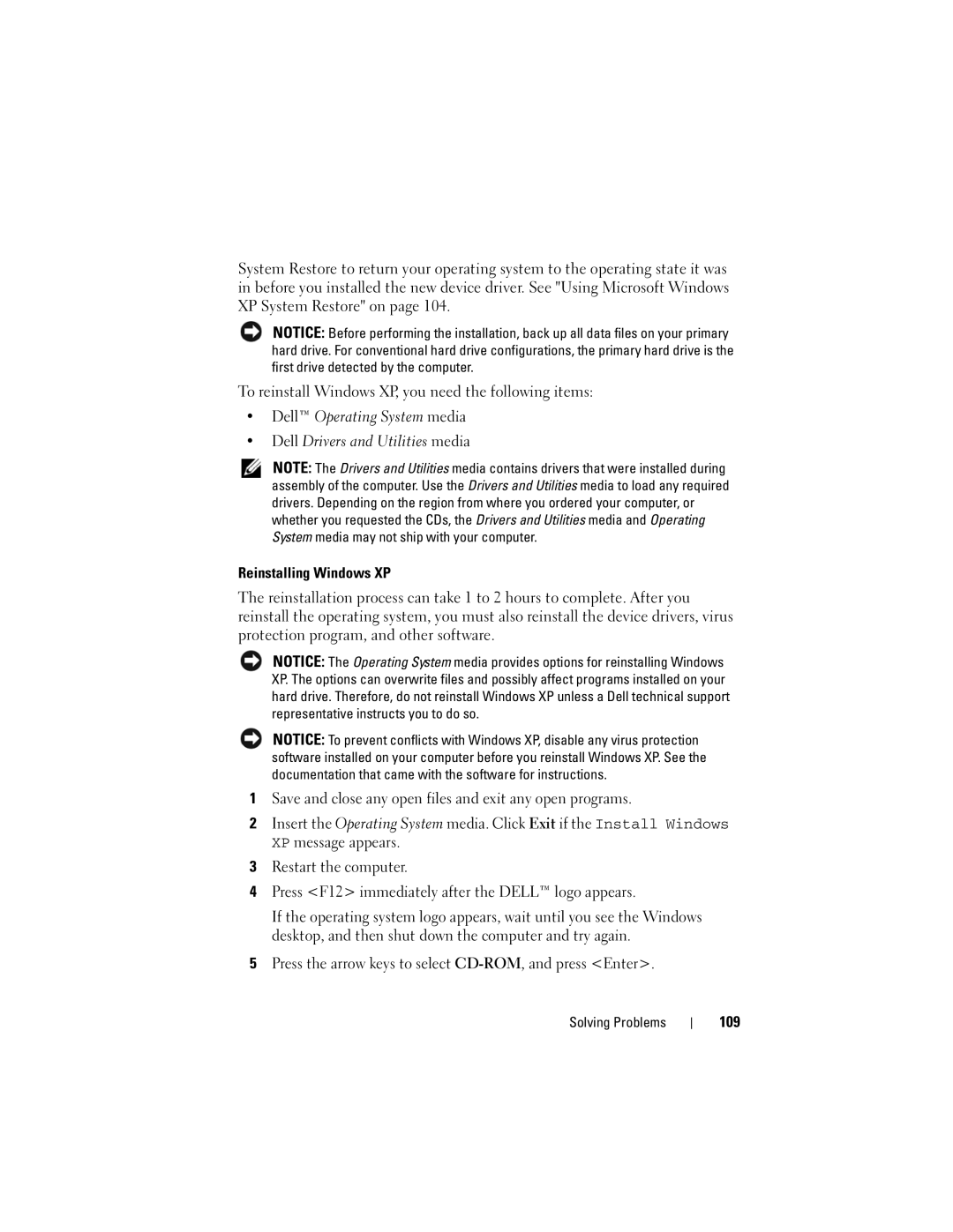 Dell 1000 owner manual Reinstalling Windows XP, Press the arrow keys to select CD-ROM, and press Enter, 109 