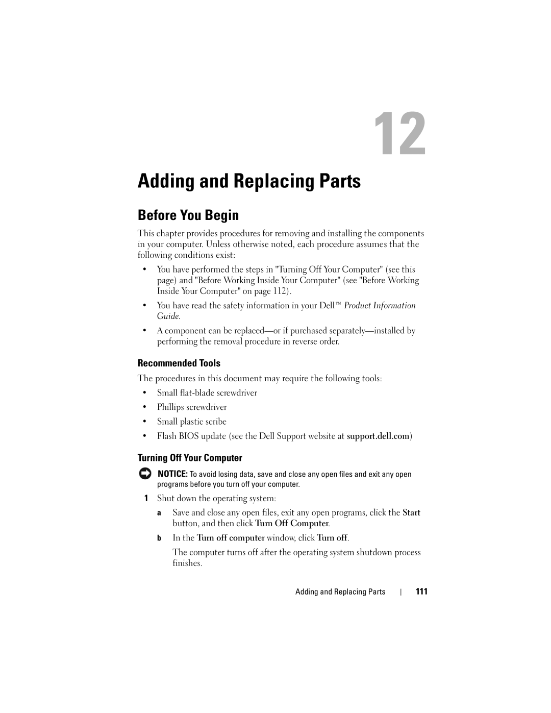 Dell 1000 owner manual Adding and Replacing Parts, Before You Begin, Recommended Tools, Turning Off Your Computer, 111 