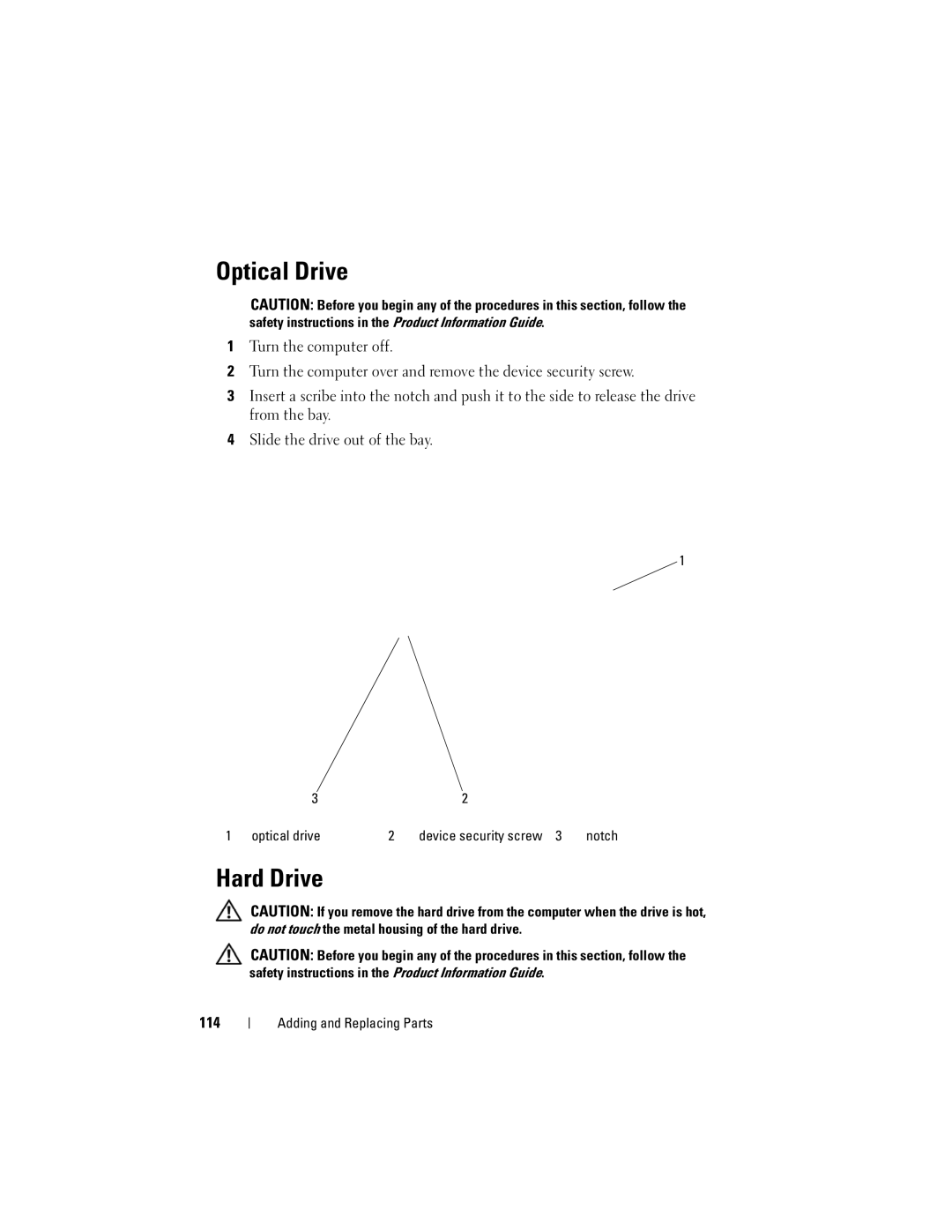 Dell 1000 owner manual Optical Drive, Hard Drive, 114, Optical drive Device security screw 
