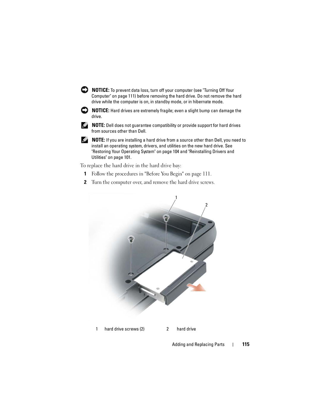 Dell 1000 owner manual 115, Hard drive screws 