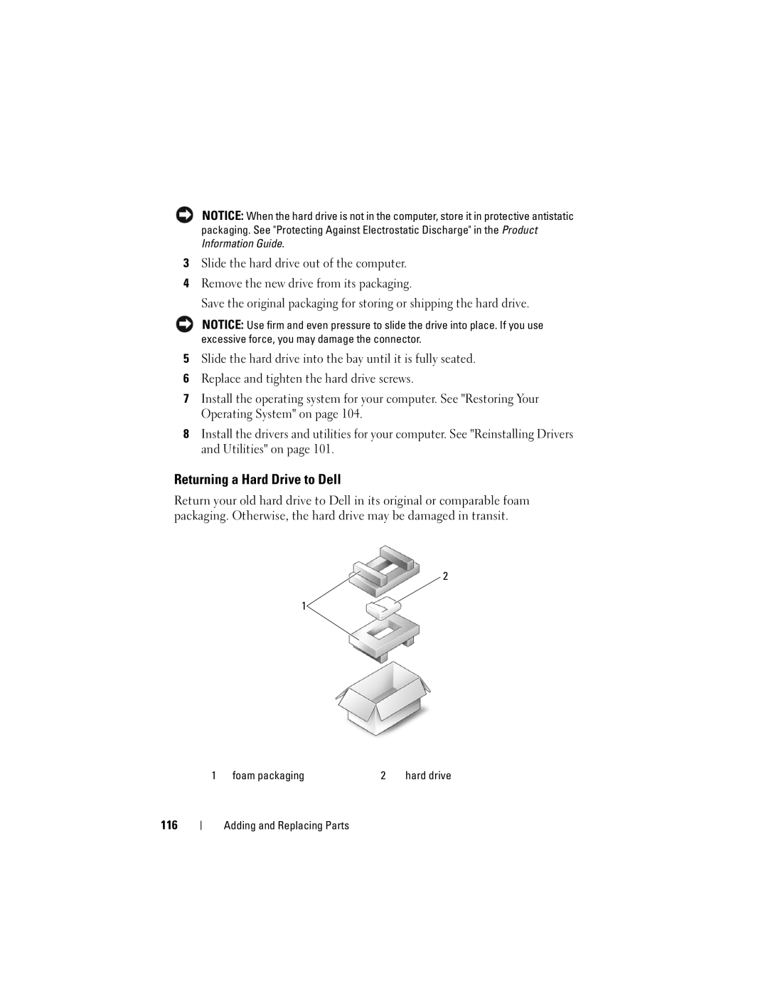 Dell 1000 owner manual Returning a Hard Drive to Dell, 116, Foam packaging 