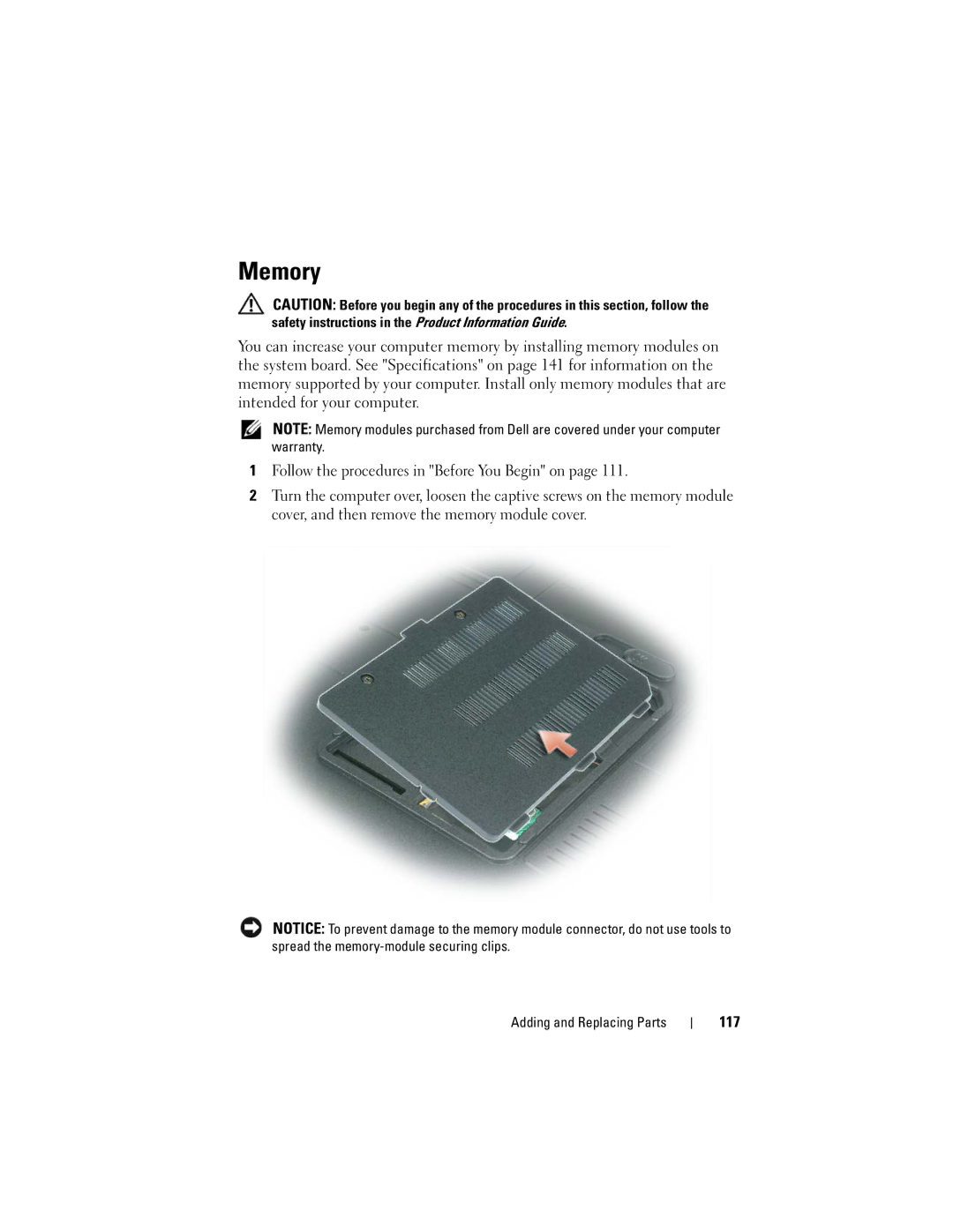 Dell 1000 owner manual Memory, 117 