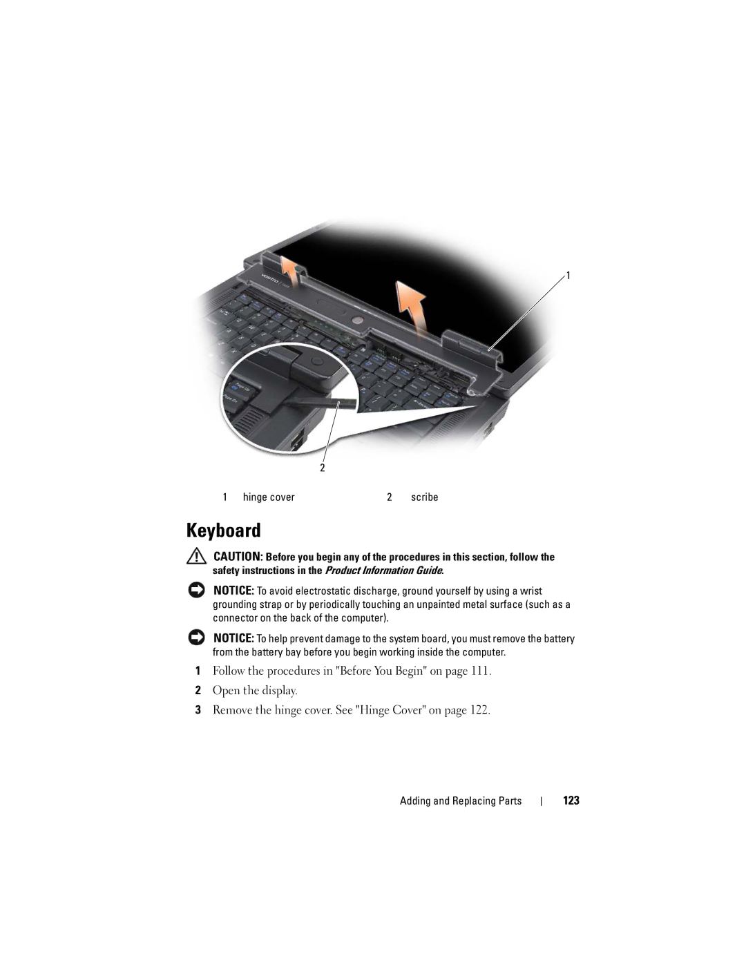 Dell 1000 owner manual Keyboard, 123, Hinge cover 