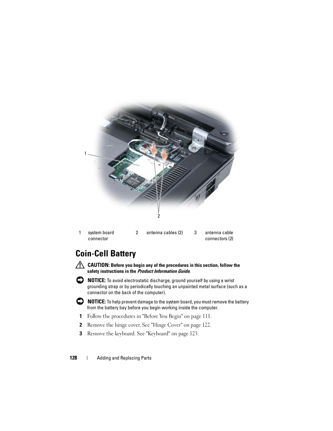 Dell 1000 owner manual Coin-Cell Battery, System board Antenna cables, Connector 