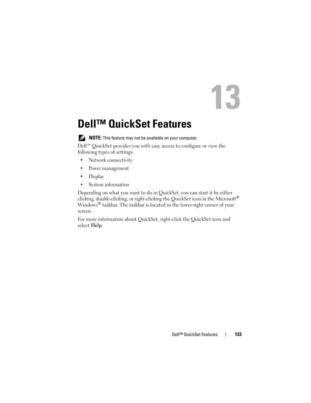 Dell 1000 owner manual Dell QuickSet Features, 133 