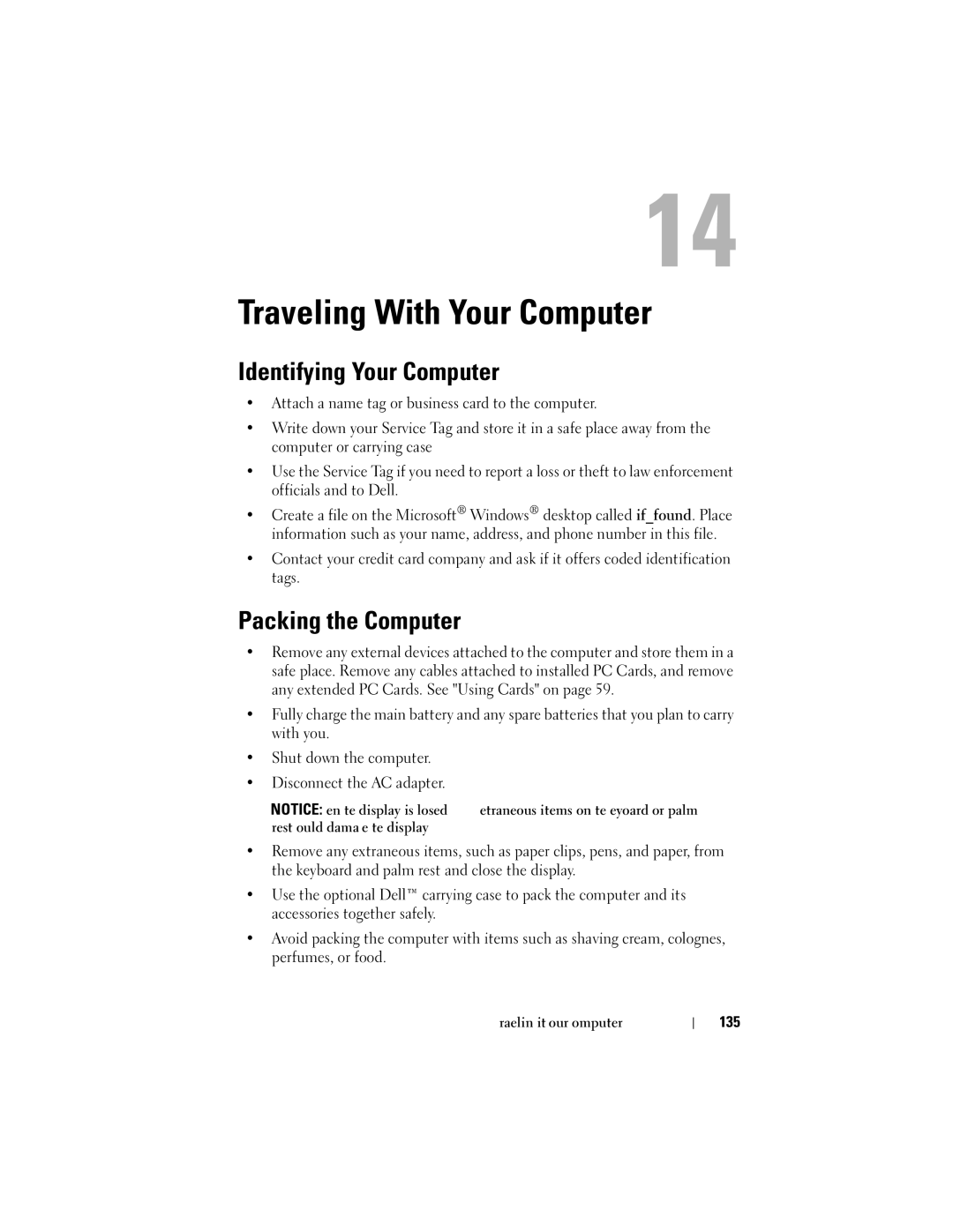 Dell 1000 owner manual Traveling With Your Computer, Identifying Your Computer, Packing the Computer, 135 