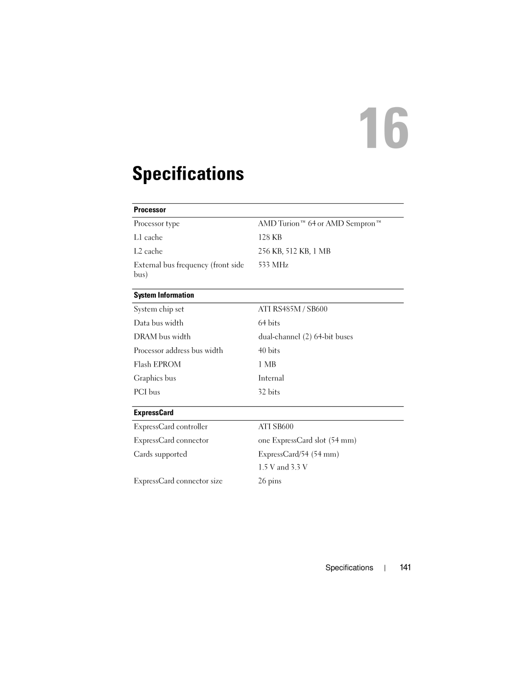 Dell 1000 owner manual Specifications, 141 