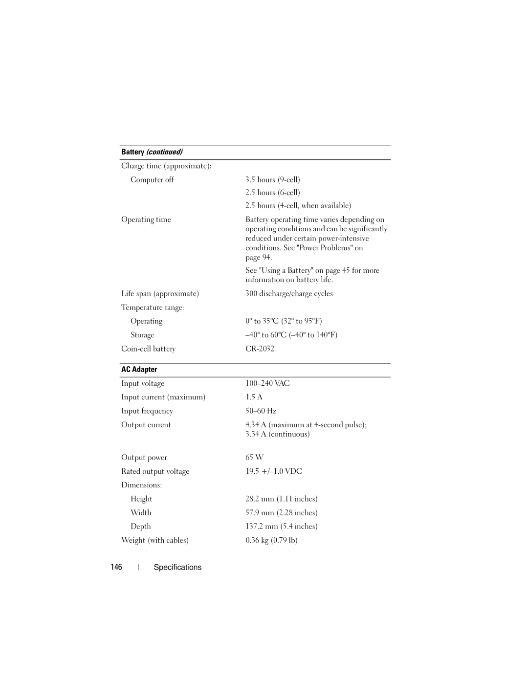 Dell 1000 146, Reduced under certain power-intensive, Conditions. See Power Problems on, Information on battery life 