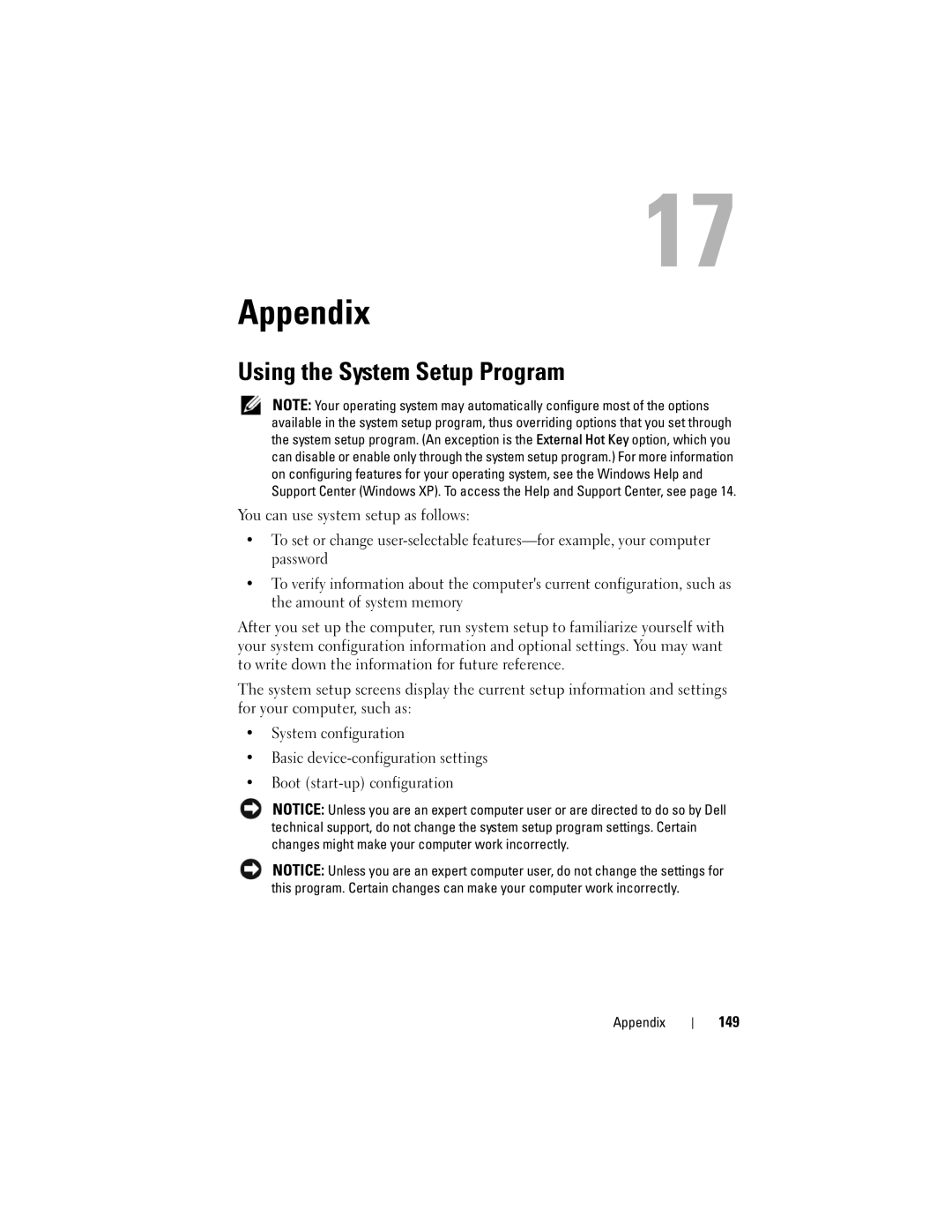 Dell 1000 owner manual Appendix, Using the System Setup Program, 149 