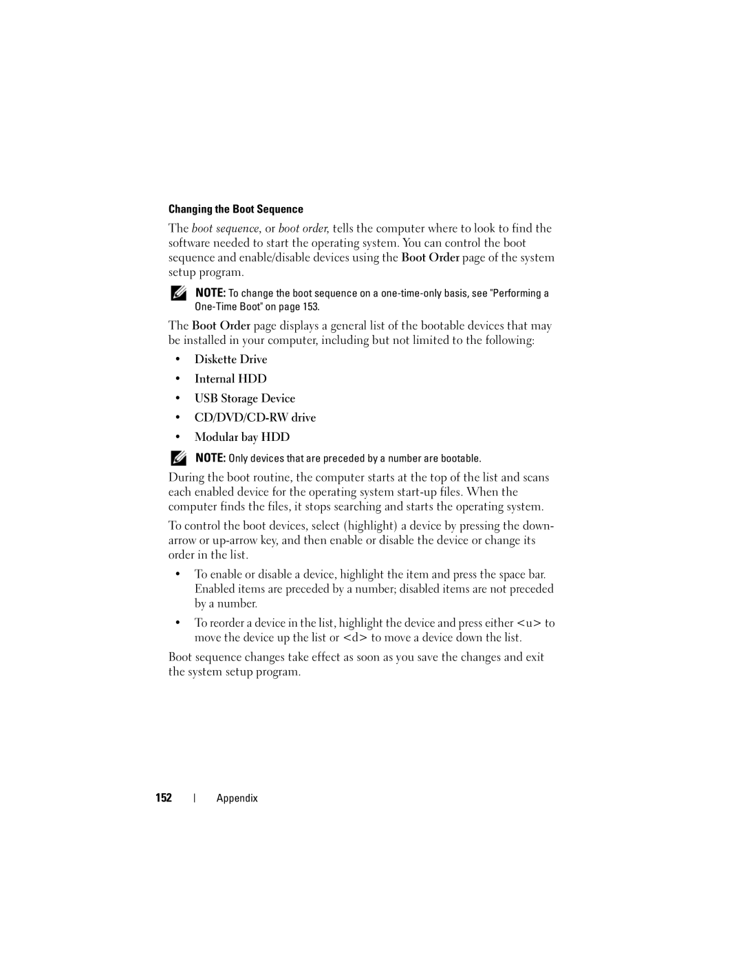 Dell 1000 owner manual Changing the Boot Sequence, 152 