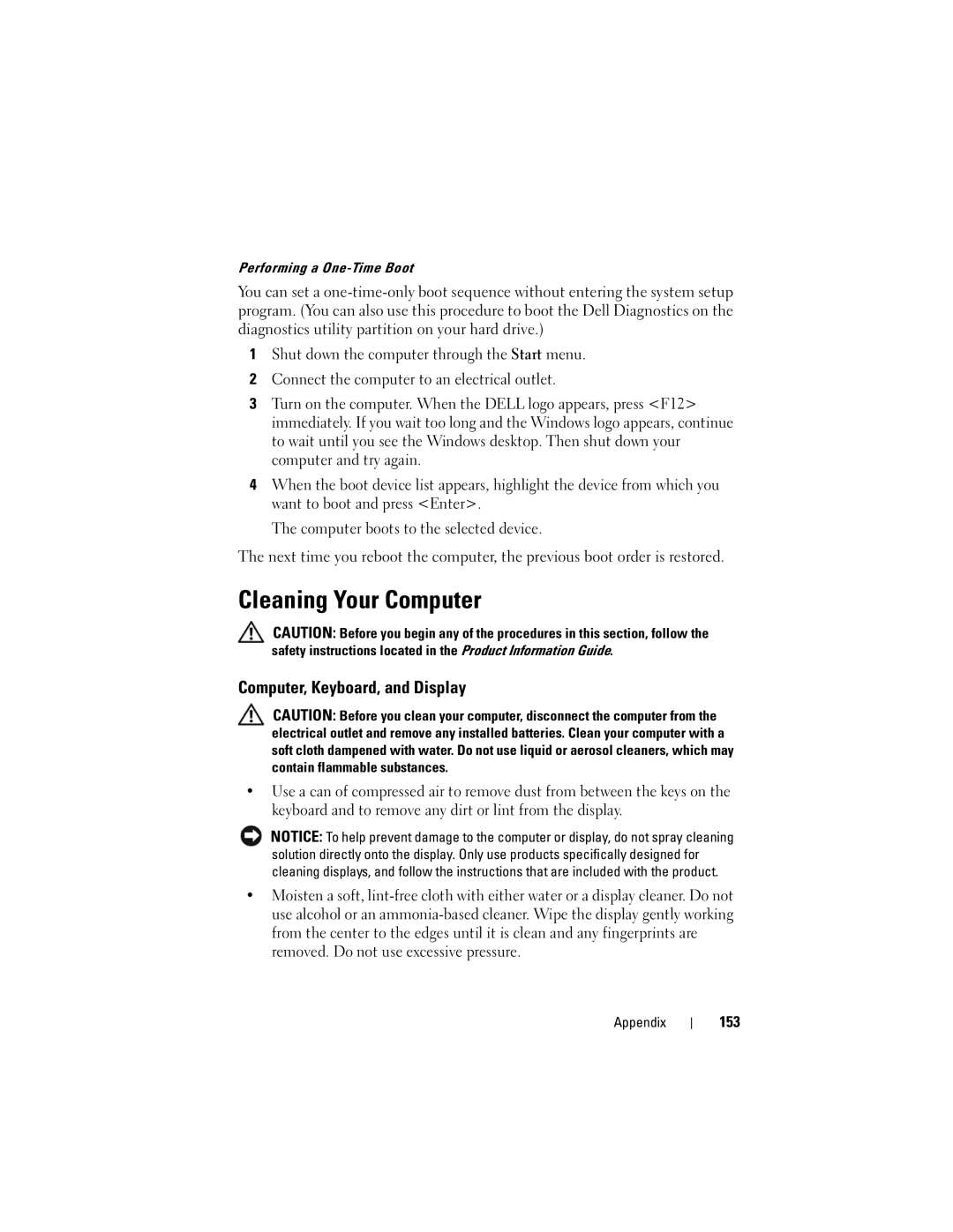 Dell 1000 owner manual Cleaning Your Computer, Computer, Keyboard, and Display, 153, Performing a One-Time Boot 