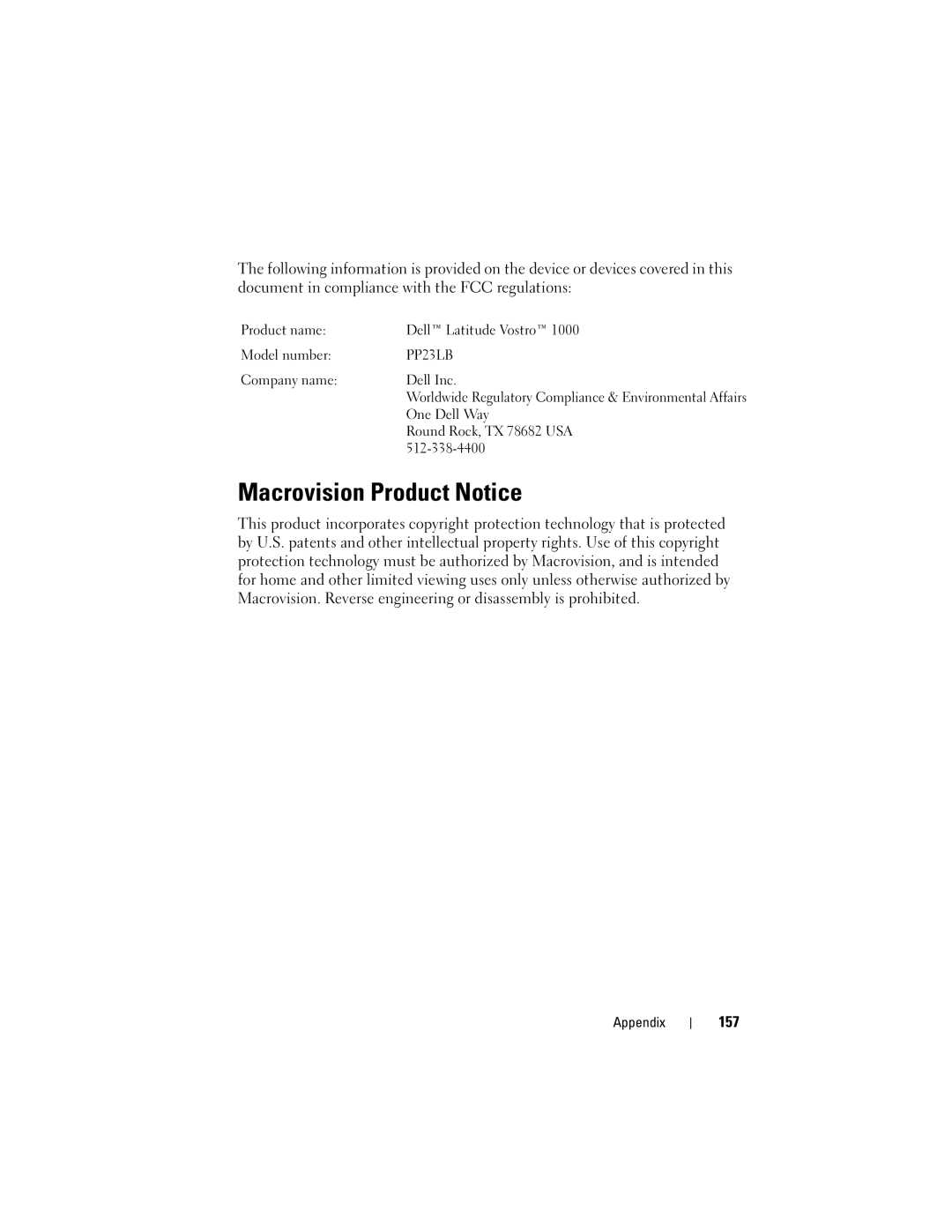 Dell 1000 owner manual Macrovision Product Notice, 157 