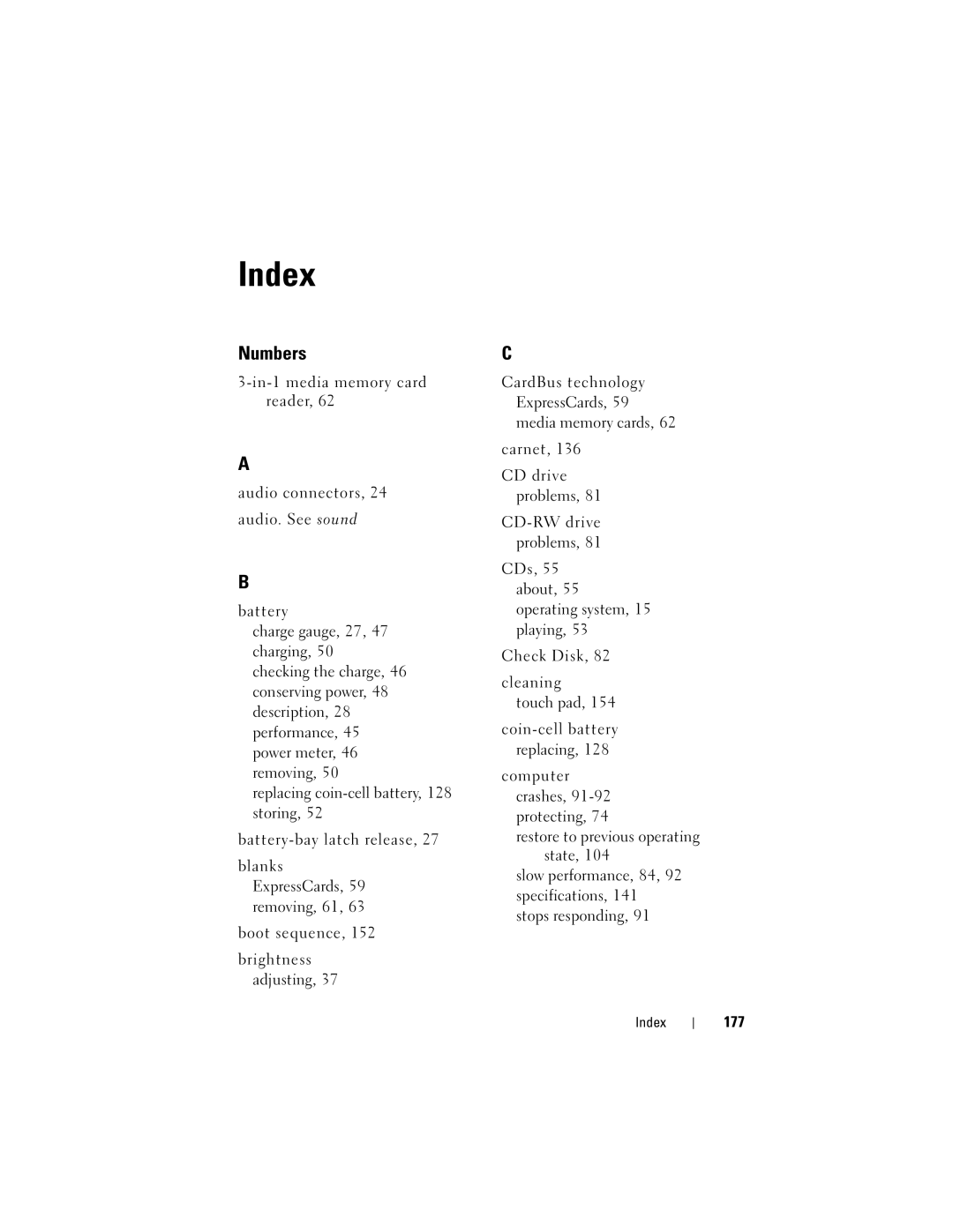 Dell 1000 owner manual Index, 177 