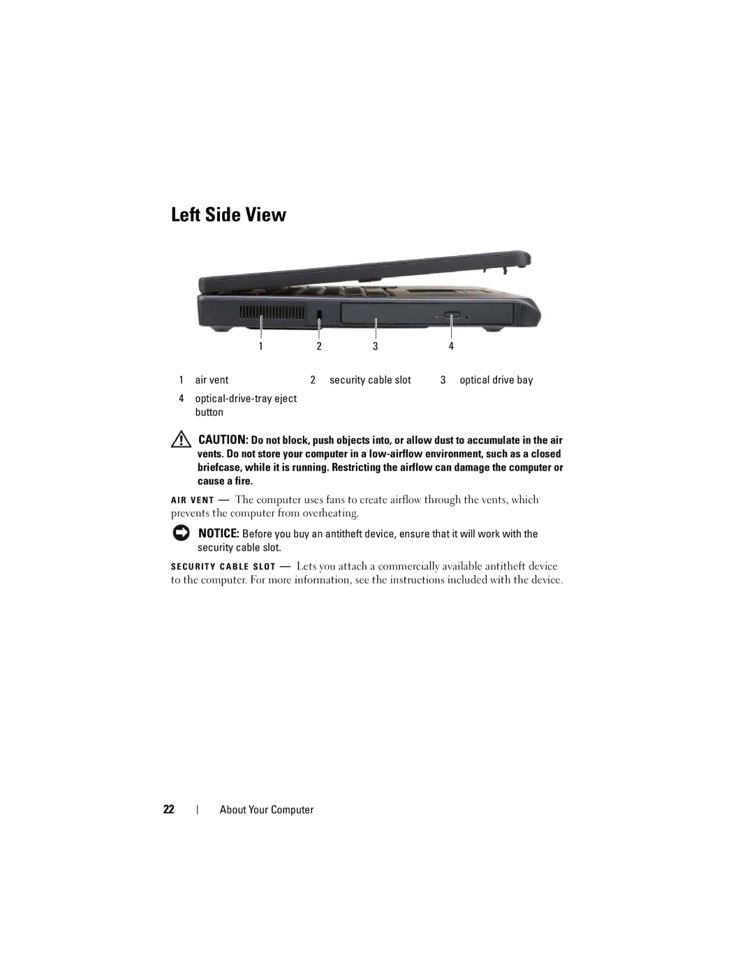 Dell 1000 owner manual Left Side View, Air vent, Optical drive bay, Optical-drive-tray eject button 