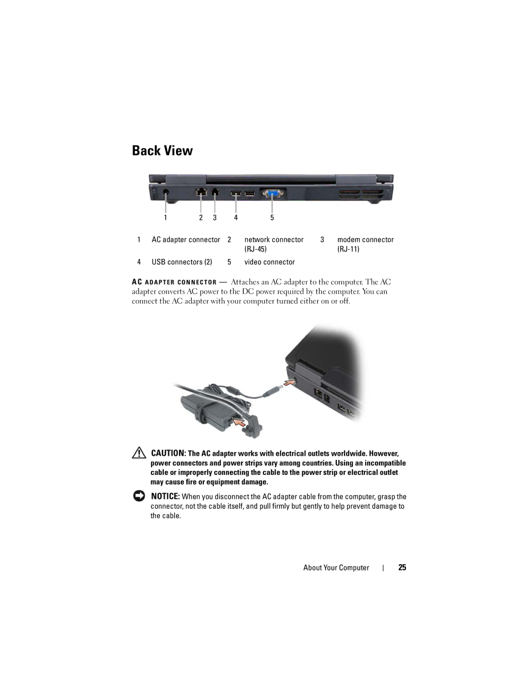 Dell 1000 owner manual Back View, AC adapter connector Network connector, RJ-45 RJ-11 USB connectors Video connector 