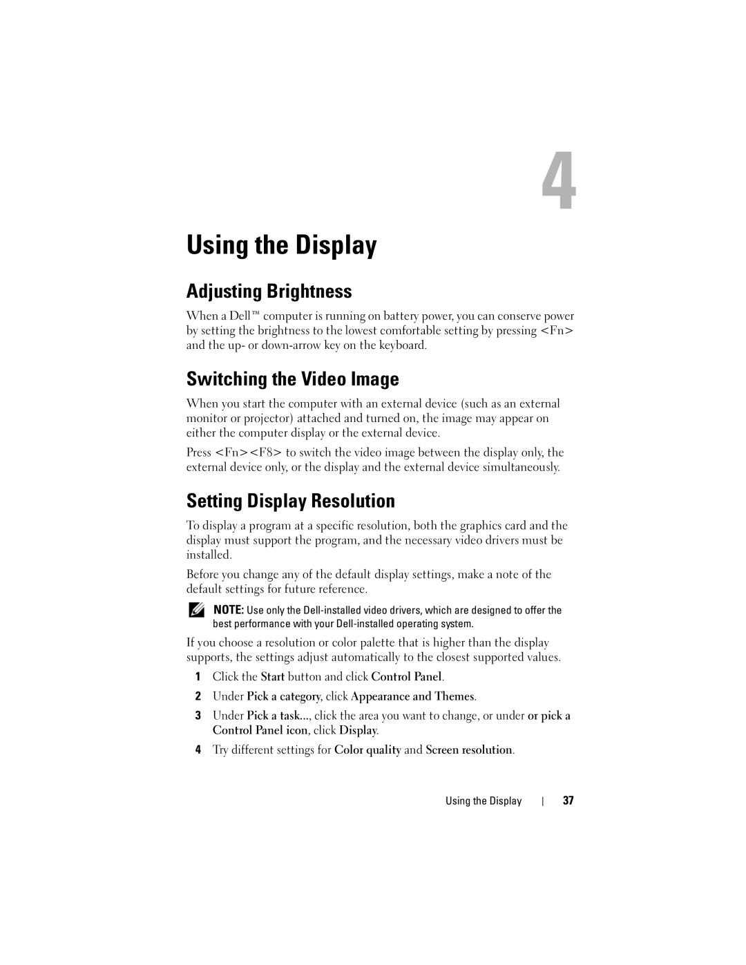 Dell 1000 owner manual Using the Display, Adjusting Brightness, Switching the Video Image, Setting Display Resolution 