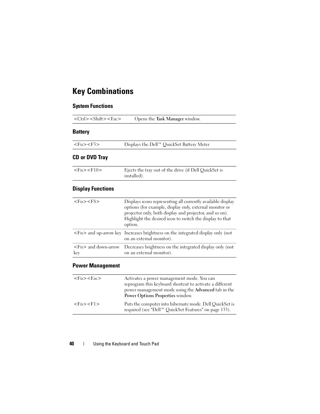 Dell 1000 owner manual Key Combinations 