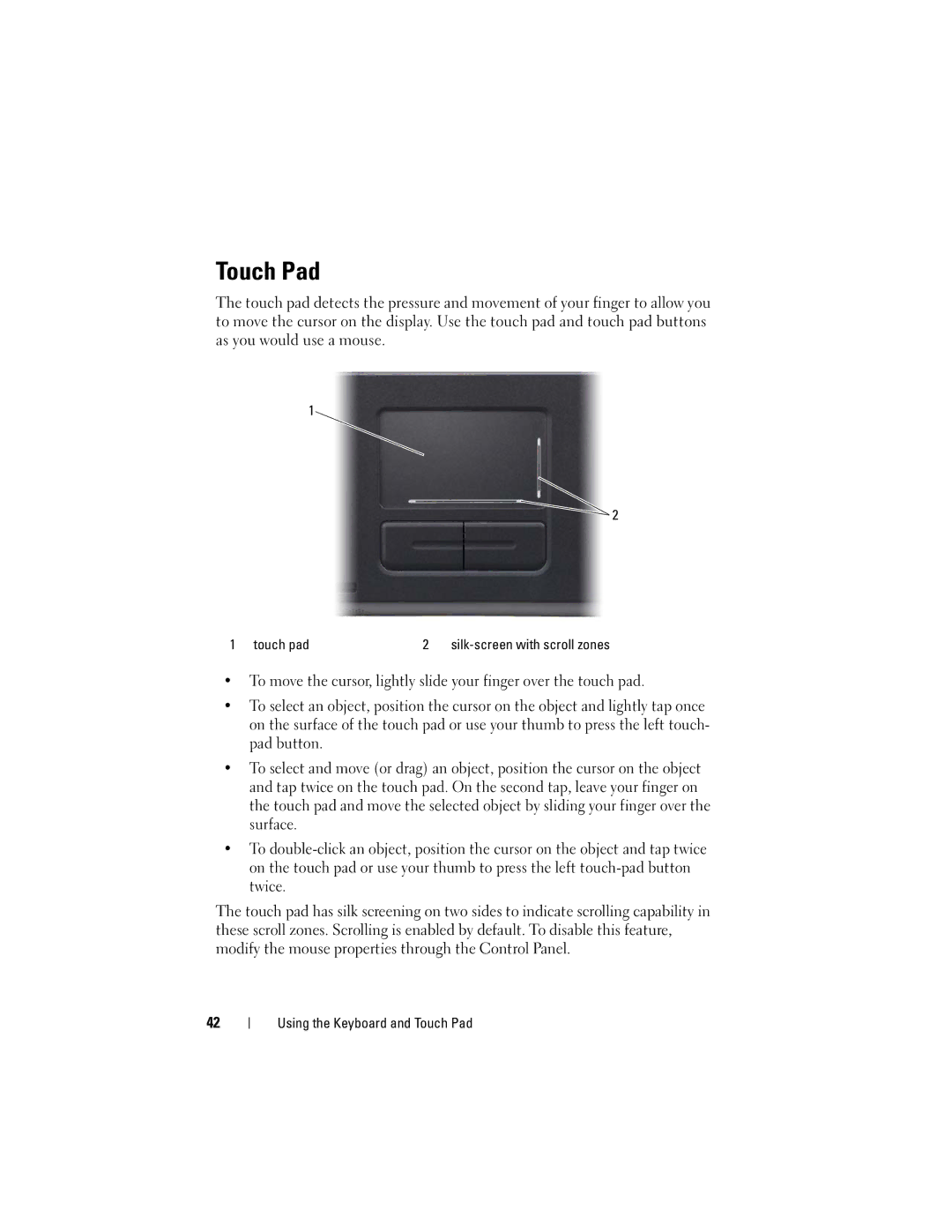 Dell 1000 owner manual Touch Pad, Touch pad 