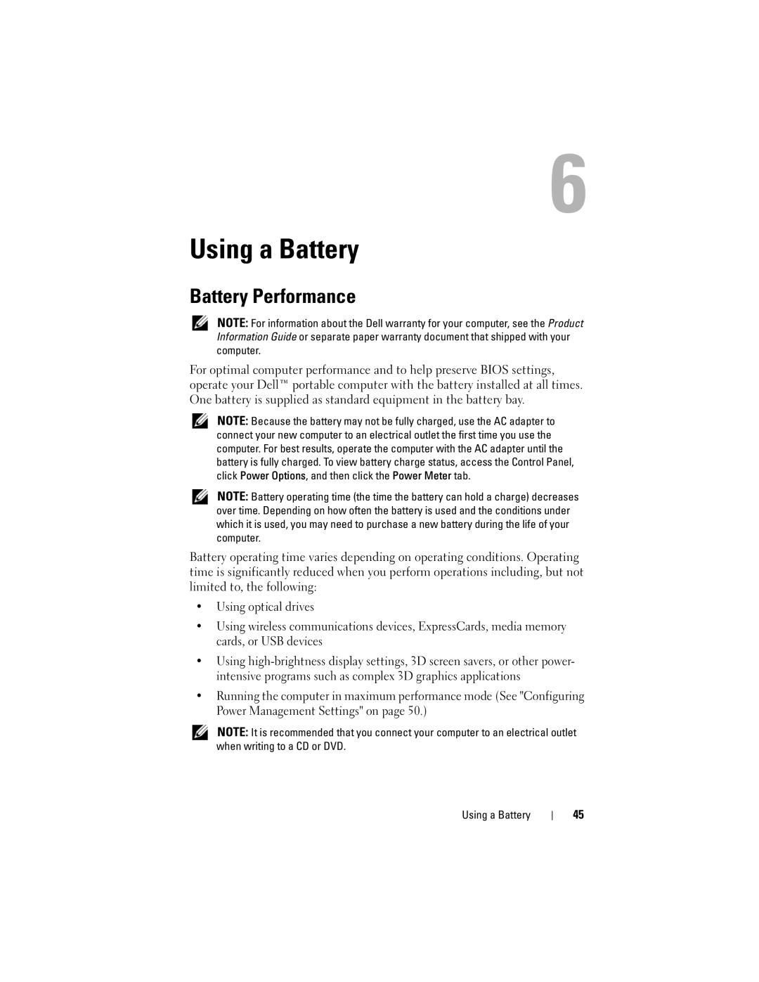 Dell 1000 owner manual Using a Battery, Battery Performance 