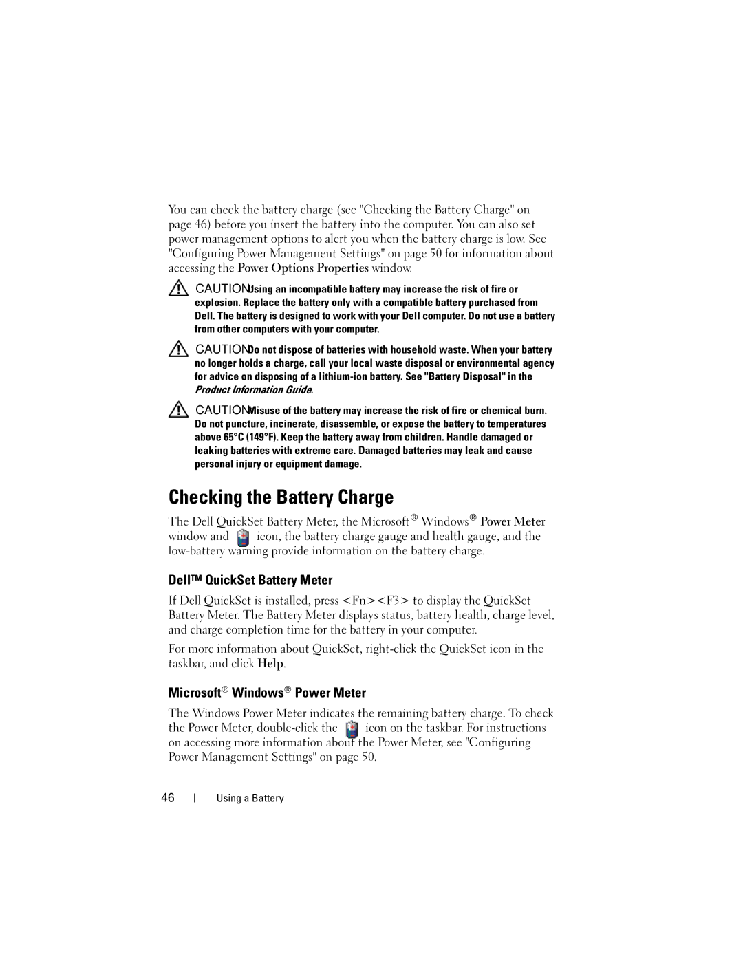 Dell 1000 owner manual Checking the Battery Charge, Dell QuickSet Battery Meter, Microsoft Windows Power Meter 