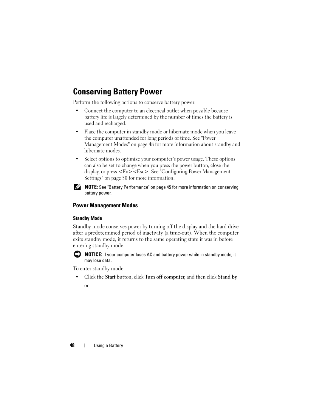 Dell 1000 owner manual Conserving Battery Power, Power Management Modes, Standby Mode 